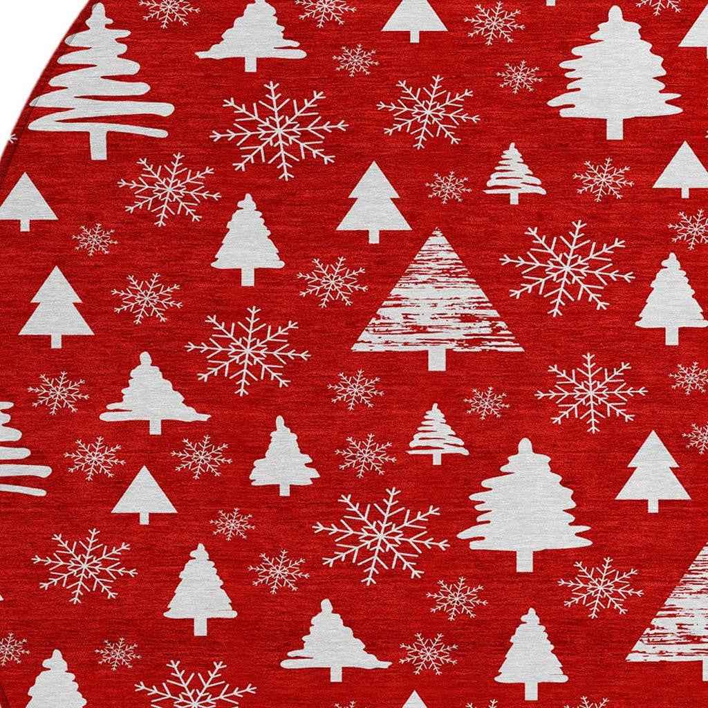 8' Red And Ivory Round Botanical Leaves Washable Indoor Outdoor Area Rug