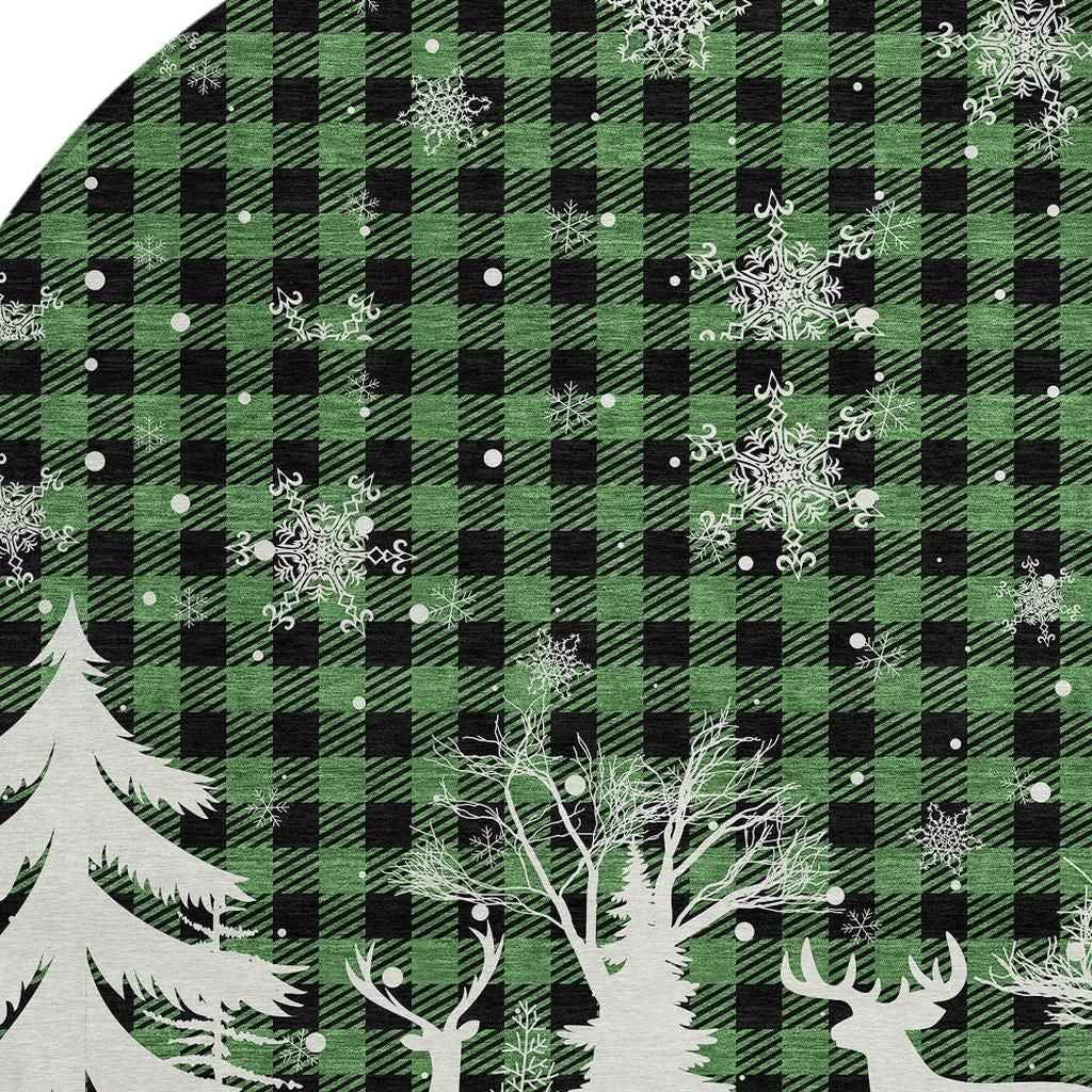 8' Green Black And Ivory Round Plaid Washable Indoor Outdoor Area Rug