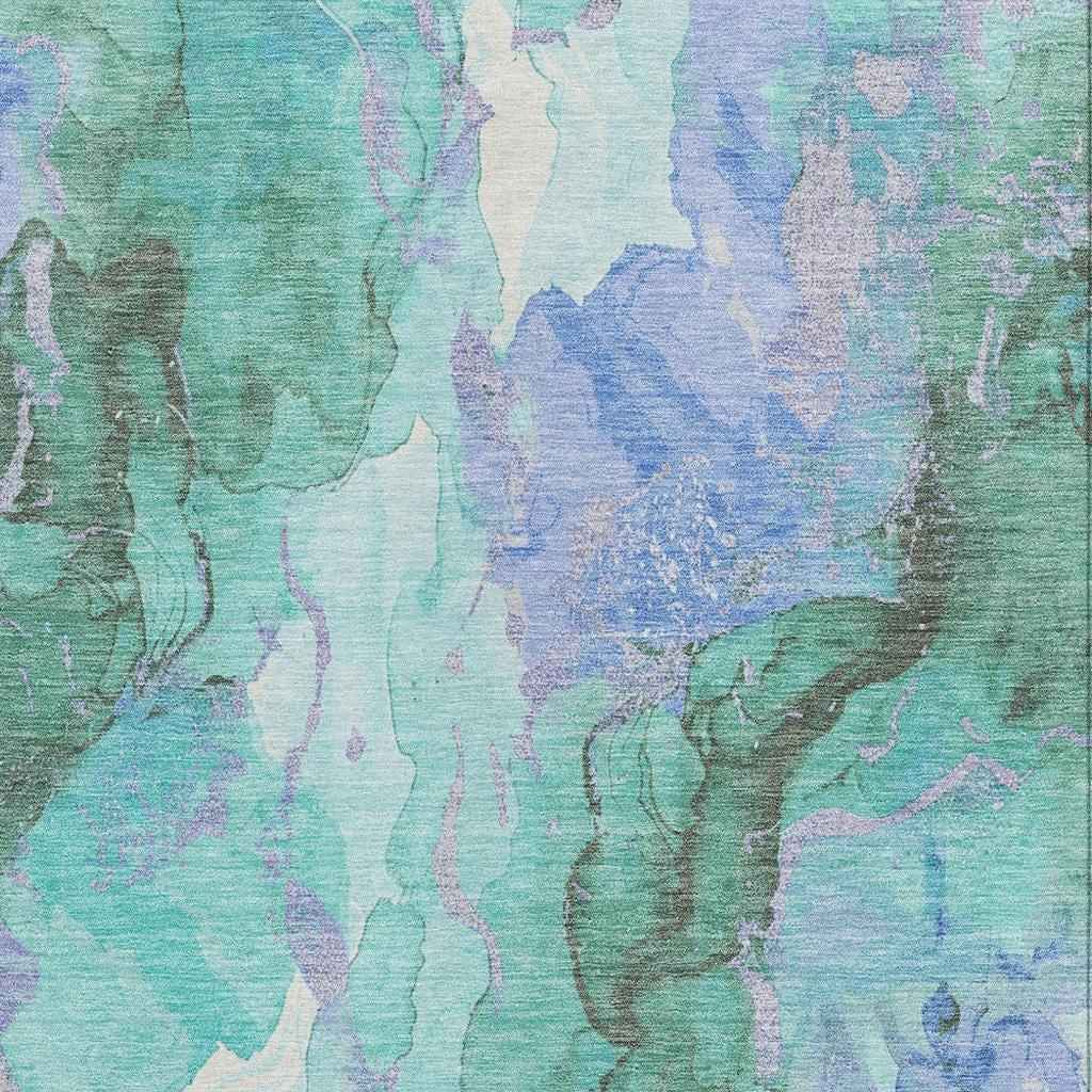 9' X 12' Teal Blue And Mint Green Abstract Washable Indoor Outdoor Area Rug