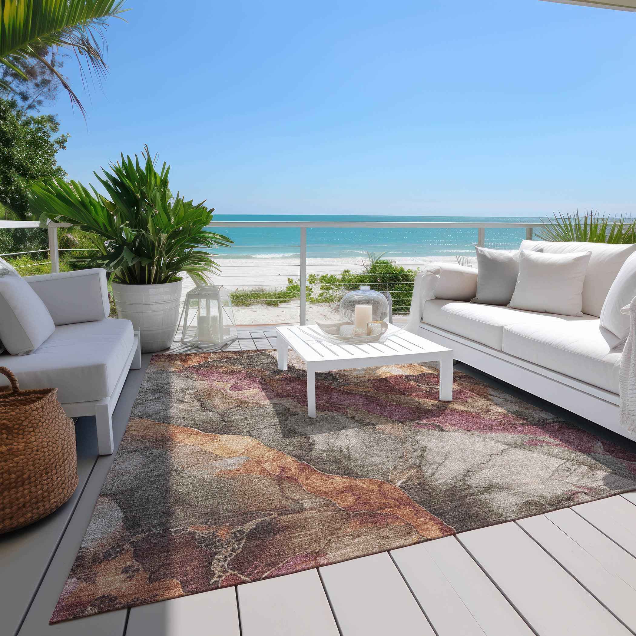 9' X 12' Khaki And Blush Floral Washable Indoor Outdoor Area Rug