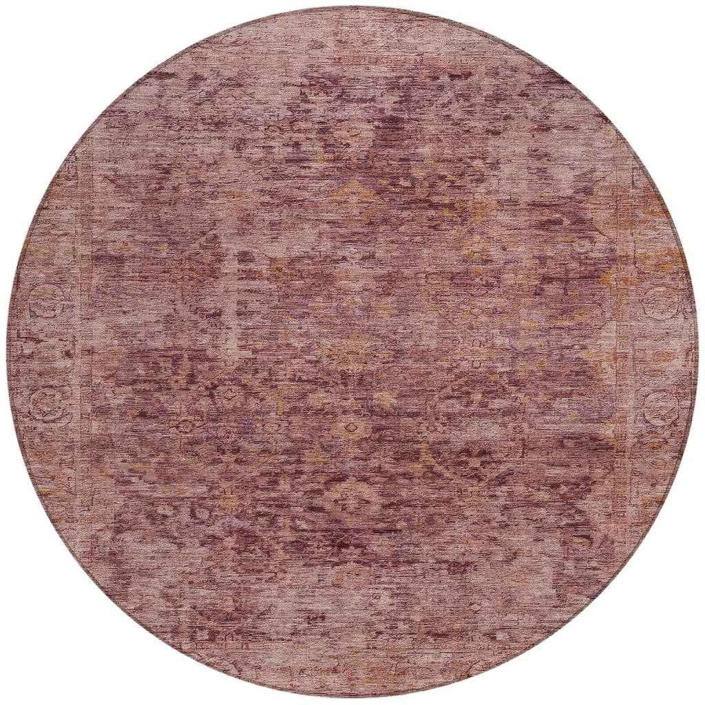 8' Merlot And Blush Round Abstract Washable Indoor Outdoor Area Rug
