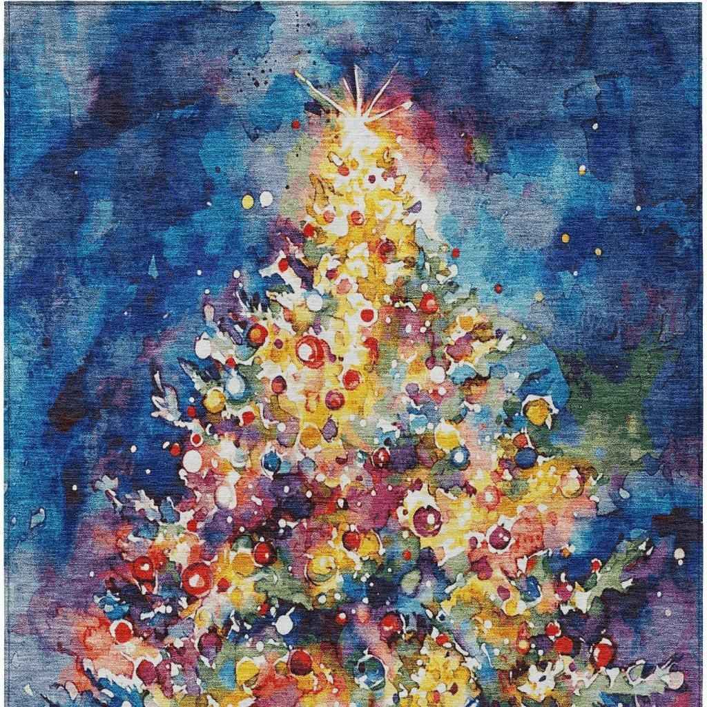 5' X 8' Navy Blue Gold Red And Purple Abstract Washable Indoor Outdoor Area Rug