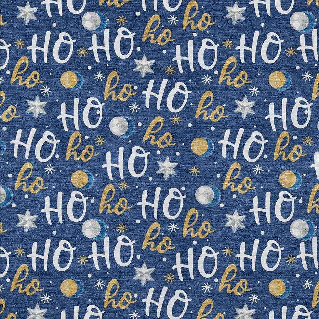 9' X 12' Navy Blue White And Gold Polka Dot Washable Indoor Outdoor Area Rug