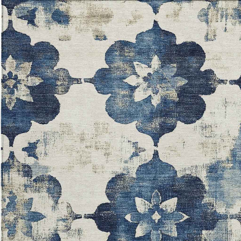 9' X 12' Navy Blue And Ivory Floral Washable Indoor Outdoor Area Rug