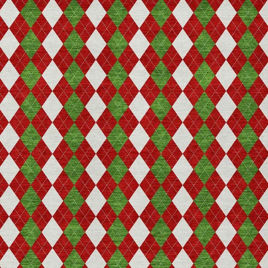 9' X 12' Red White And Green Argyle Washable Indoor Outdoor Area Rug