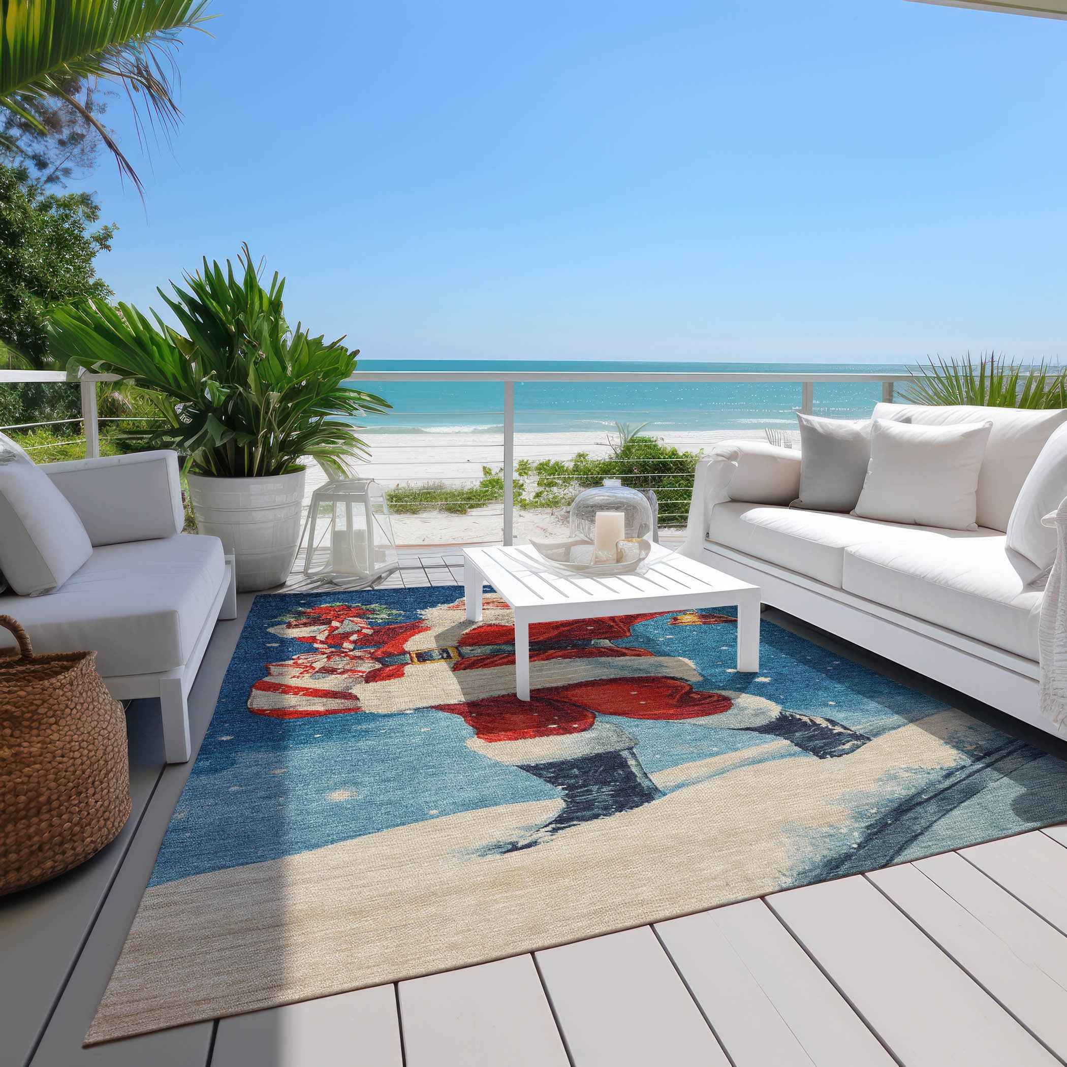 5' X 8' Blue Red White Green And Gold Floral Washable Indoor Outdoor Area Rug