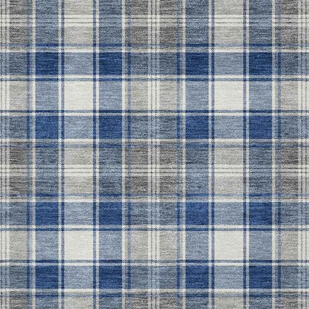 8' X 10' Navy Blue Ivory And Gray Plaid Washable Indoor Outdoor Area Rug