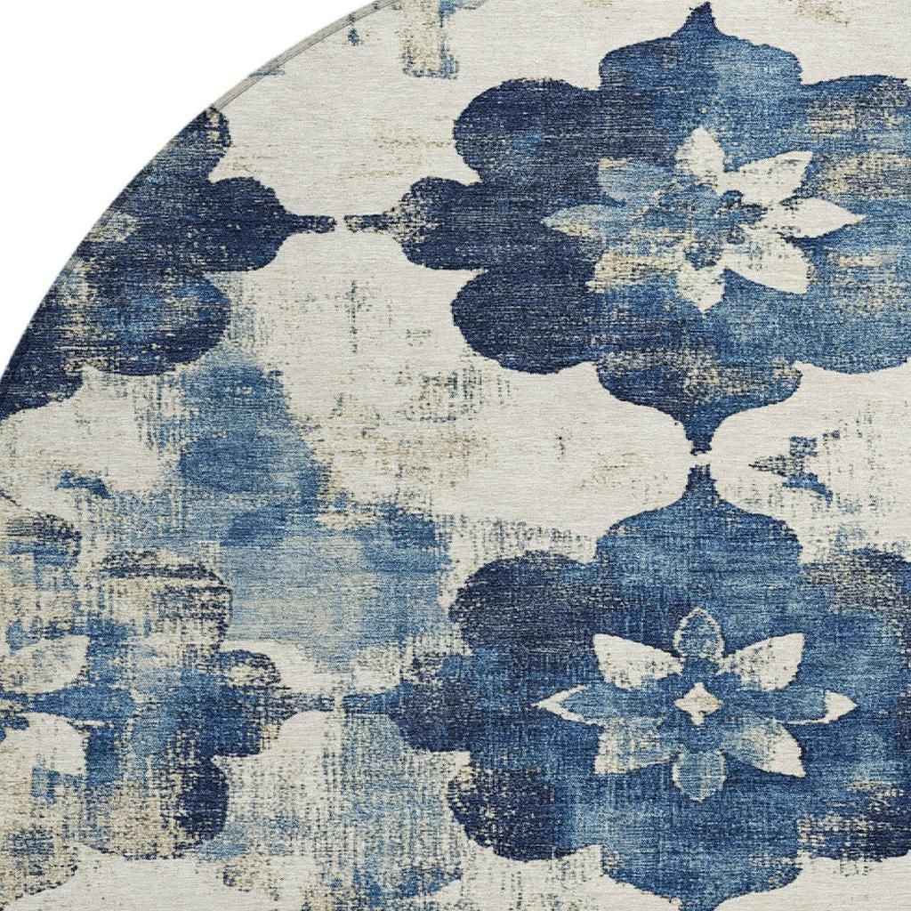 8' Navy Blue And Ivory Round Floral Washable Indoor Outdoor Area Rug