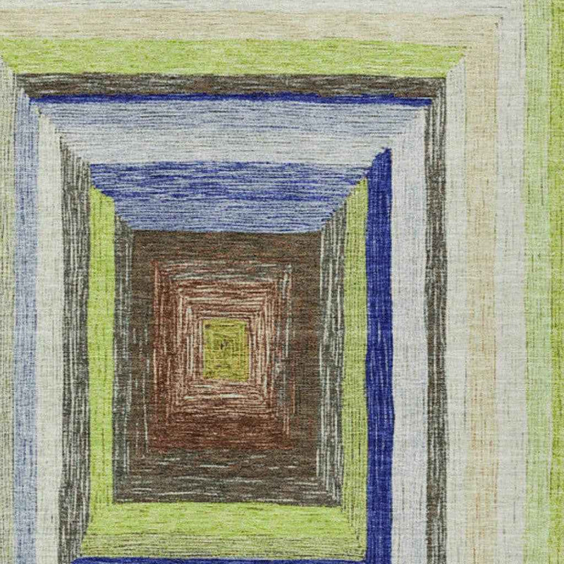 8' X 10' Lime Green Navy Blue And Brown Geometric Washable Indoor Outdoor Area Rug