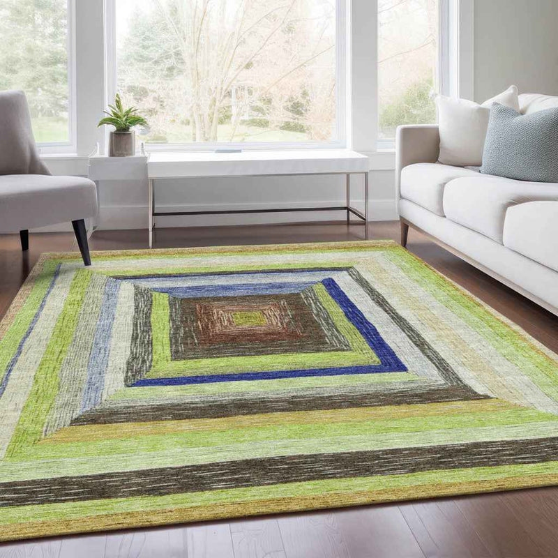8' X 10' Lime Green Navy Blue And Brown Geometric Washable Indoor Outdoor Area Rug