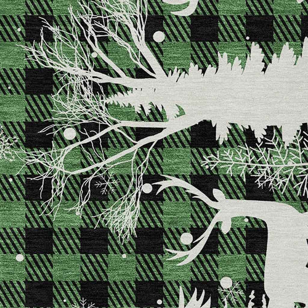 9' X 12' Green Black And Ivory Plaid Washable Indoor Outdoor Area Rug