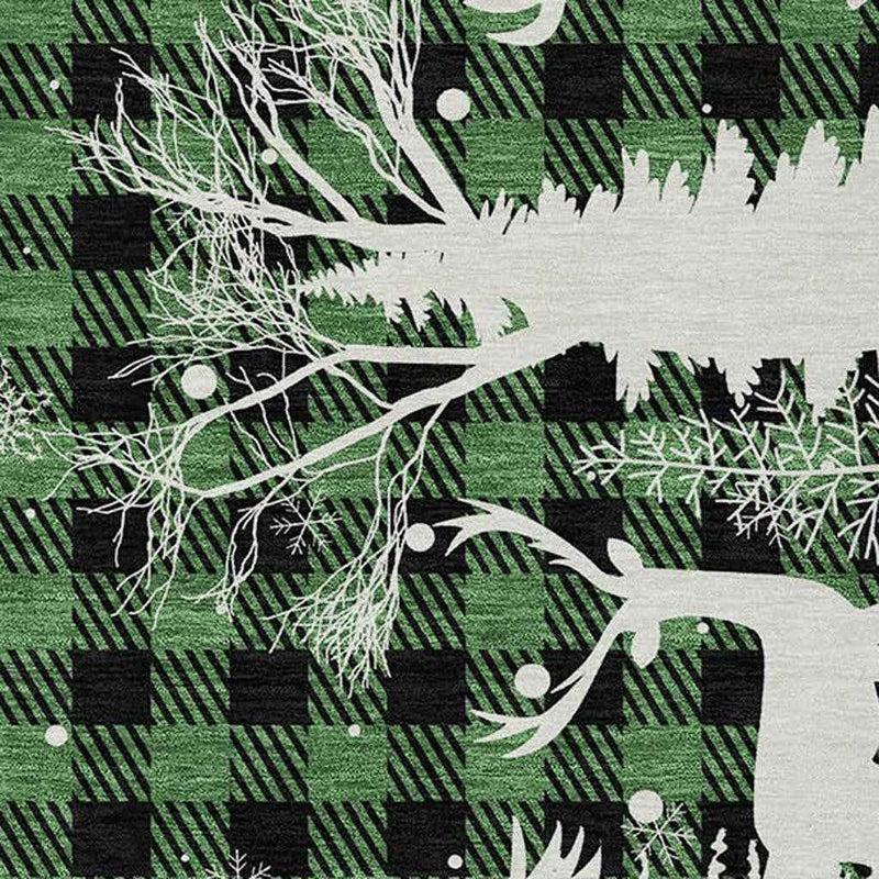 9' X 12' Green Black And Ivory Plaid Washable Indoor Outdoor Area Rug