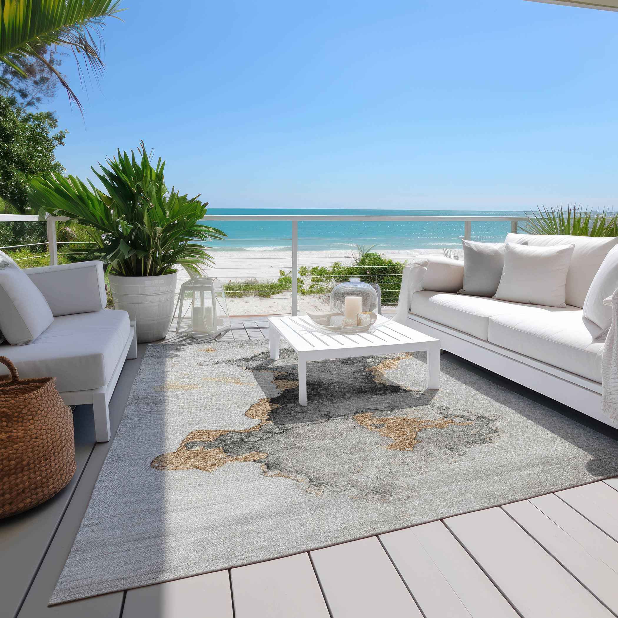 8' X 10' Gray And Gold Abstract Washable Indoor Outdoor Area Rug