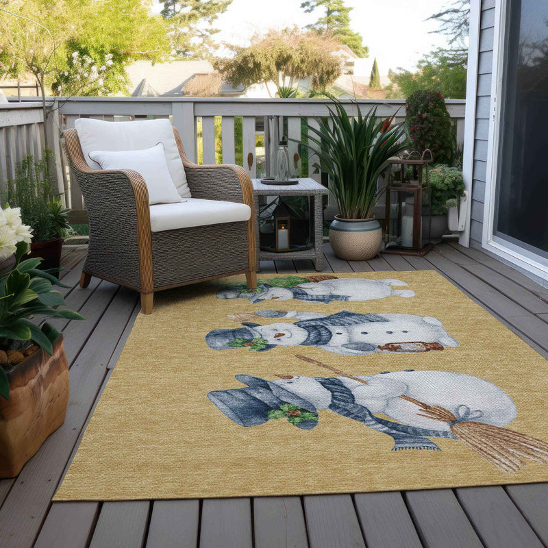 9' X 12' Gold Denim Blue And Ivory Botanical Leaves Washable Indoor Outdoor Area Rug