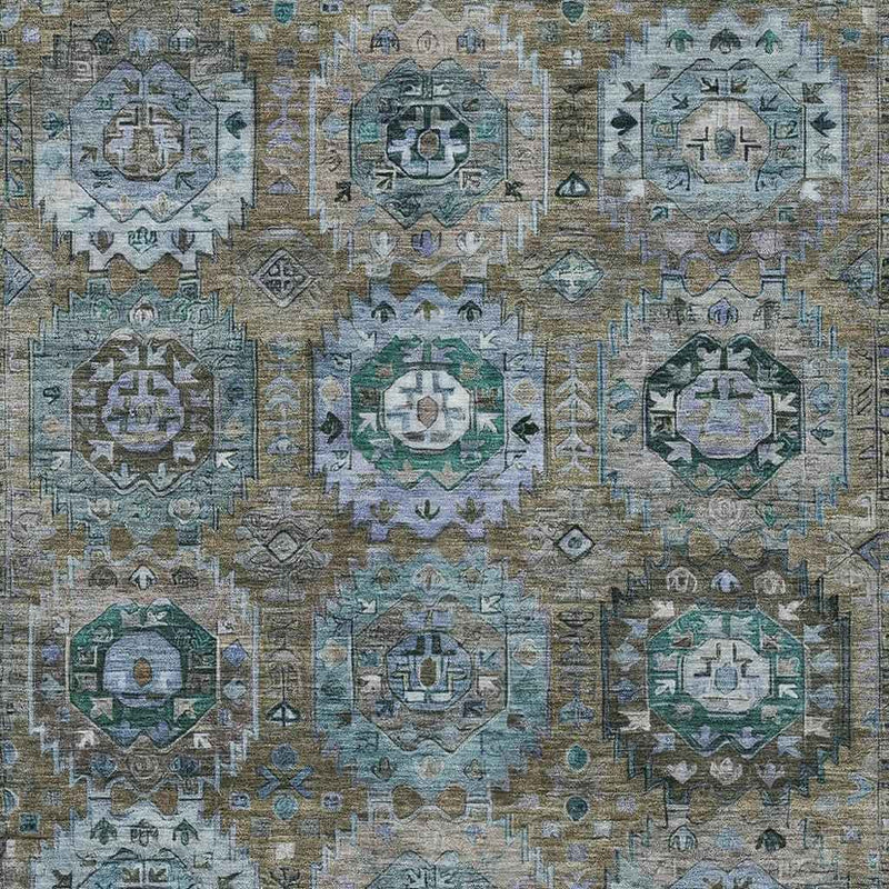 10' X 14' Brown Gray And Teal Blue Medallion Washable Indoor Outdoor Area Rug