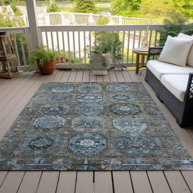 10' X 14' Brown Gray And Teal Blue Medallion Washable Indoor Outdoor Area Rug