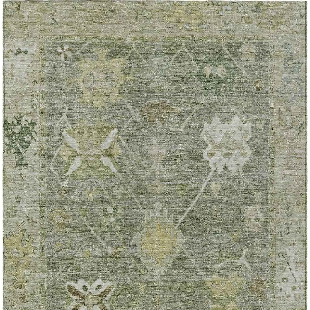 9' X 12' Sage And Beige Tribal Washable Indoor Outdoor Area Rug