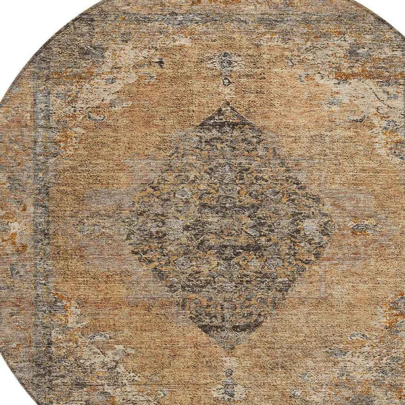 8' Copper And Taupe Round Medallion Washable Indoor Outdoor Area Rug