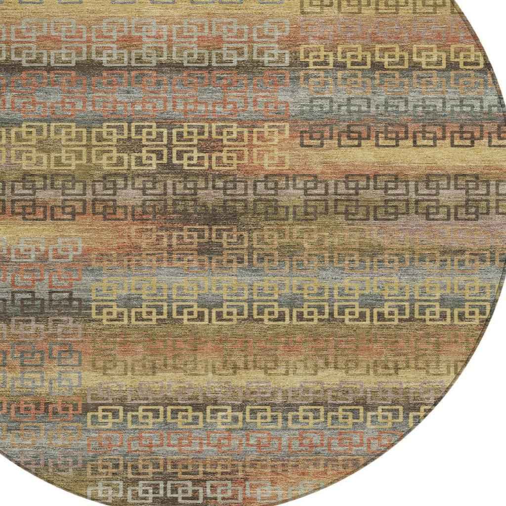 8' Brown And Gold Round Striped Washable Indoor Outdoor Area Rug