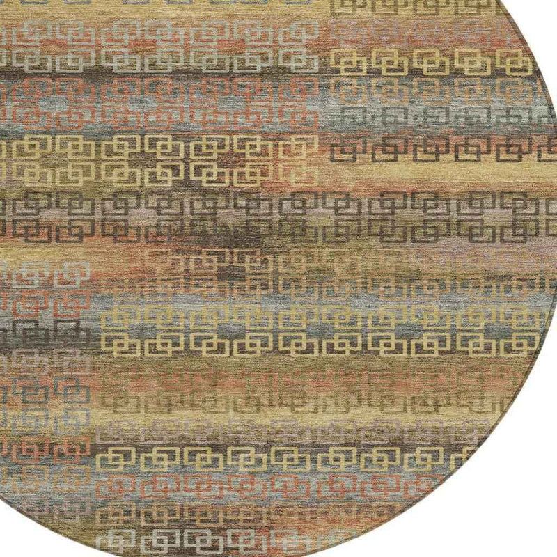 8' Brown And Gold Round Striped Washable Indoor Outdoor Area Rug