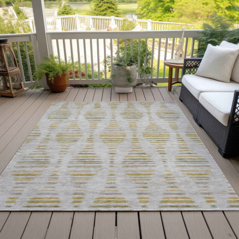 8' X 10' Ivory And Gold Striped Washable Indoor Outdoor Area Rug
