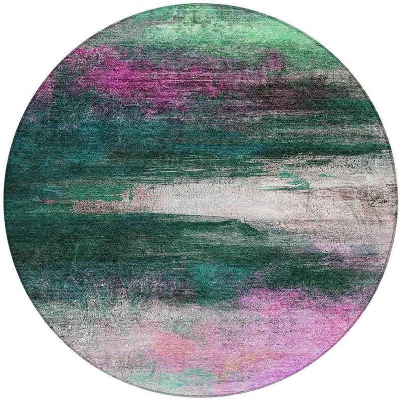 8' Green Blush And Ivory Round Abstract Washable Indoor Outdoor Area Rug
