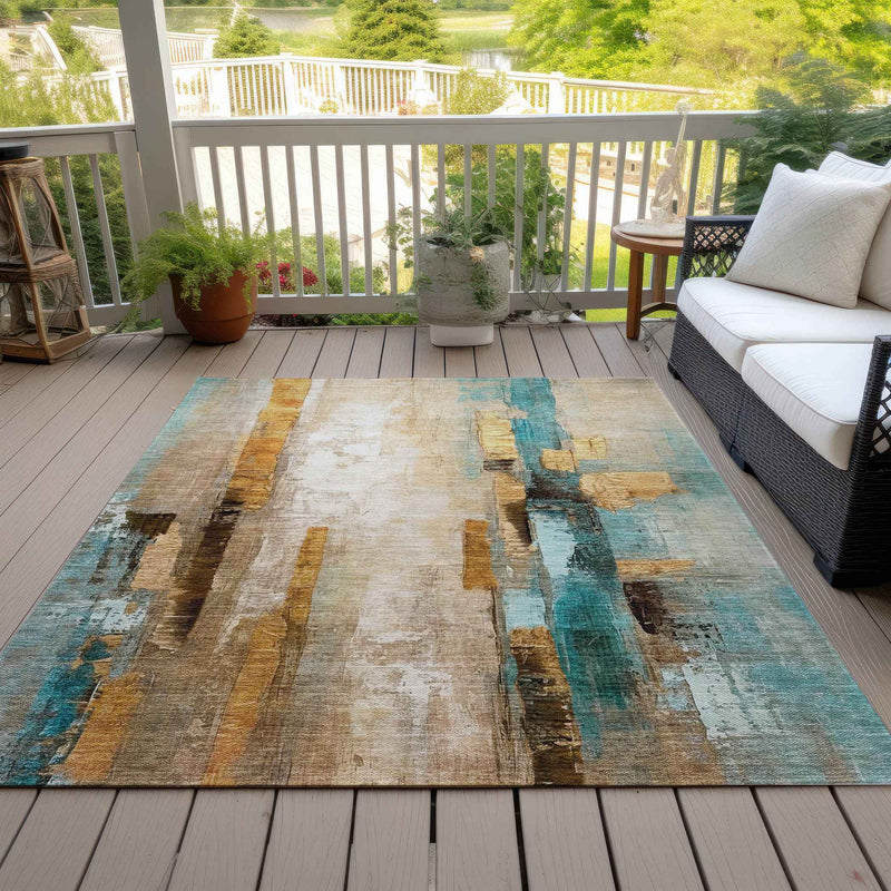 3' X 5' Beige And Teal Blue Abstract Washable Indoor Outdoor Area Rug