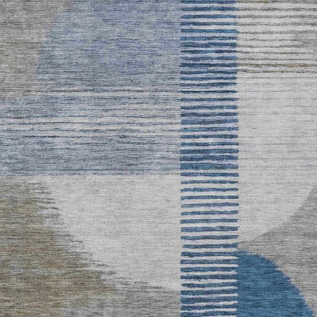 8' X 10' Denim Blue And Ivory Geometric Washable Indoor Outdoor Area Rug