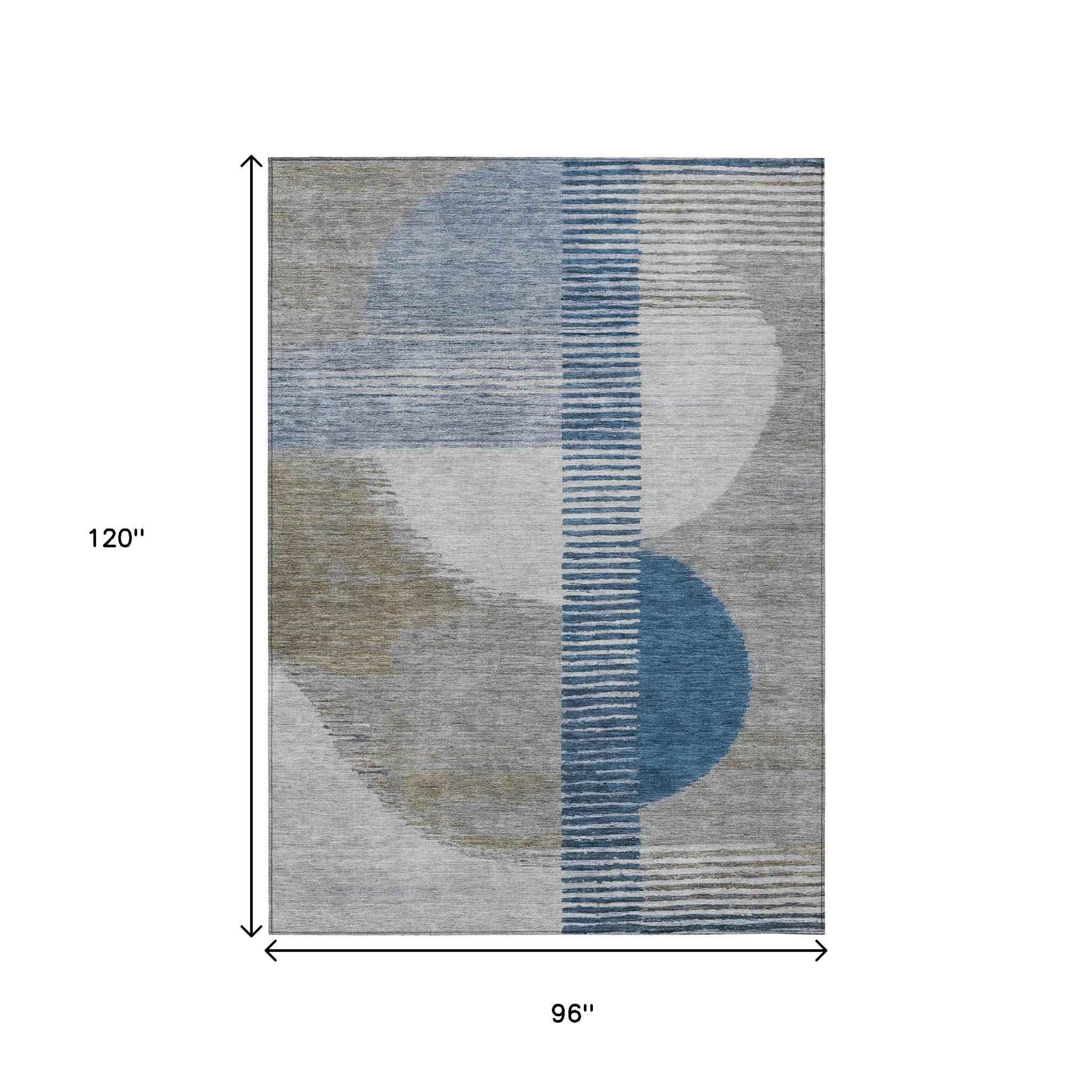 8' X 10' Denim Blue And Ivory Geometric Washable Indoor Outdoor Area Rug