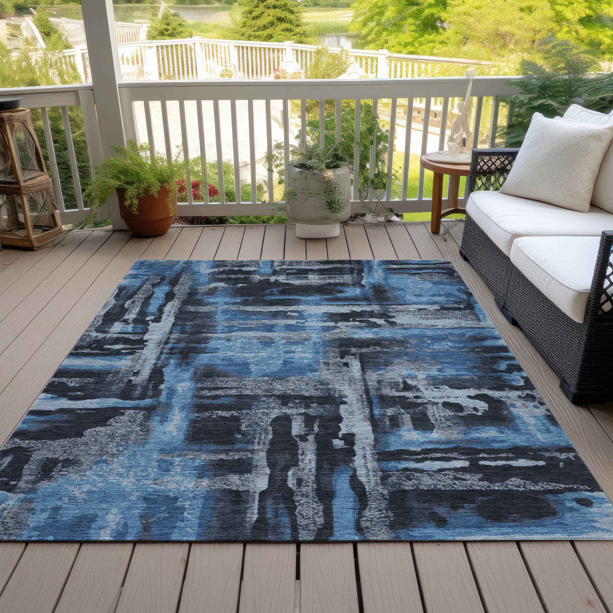 10' X 14' Black And Blue Abstract Washable Indoor Outdoor Area Rug