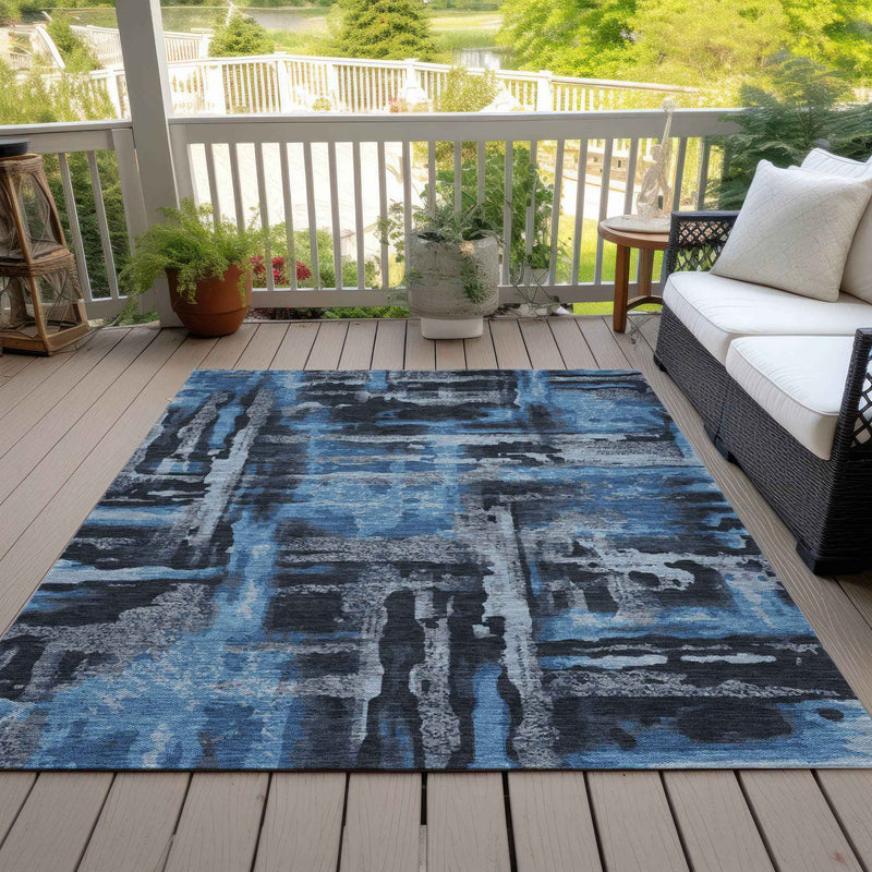 10' X 14' Black And Blue Abstract Washable Indoor Outdoor Area Rug