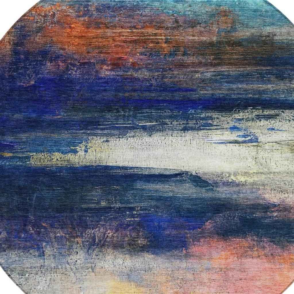 8' Blue Rust And Pink Round Abstract Washable Indoor Outdoor Area Rug