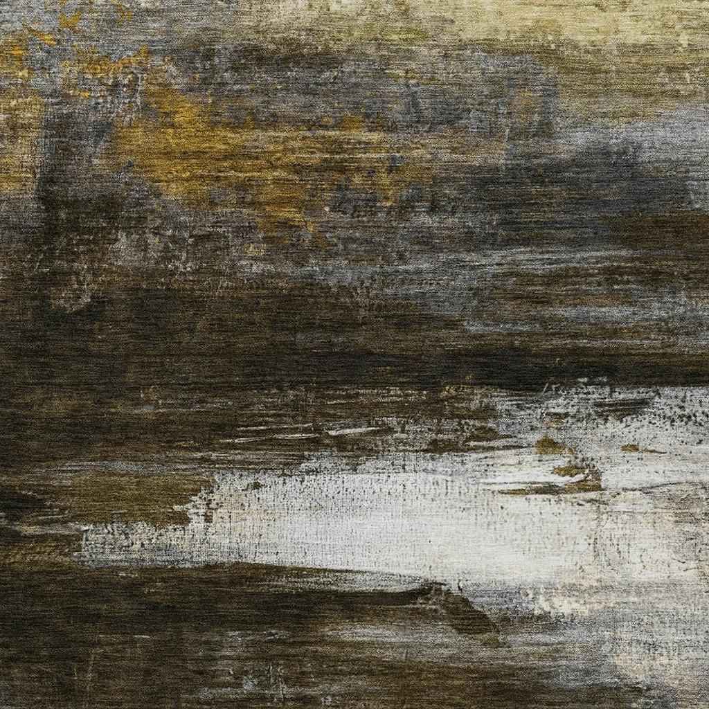 5' X 8' Chocolate Gold And Beige Abstract Washable Indoor Outdoor Area Rug