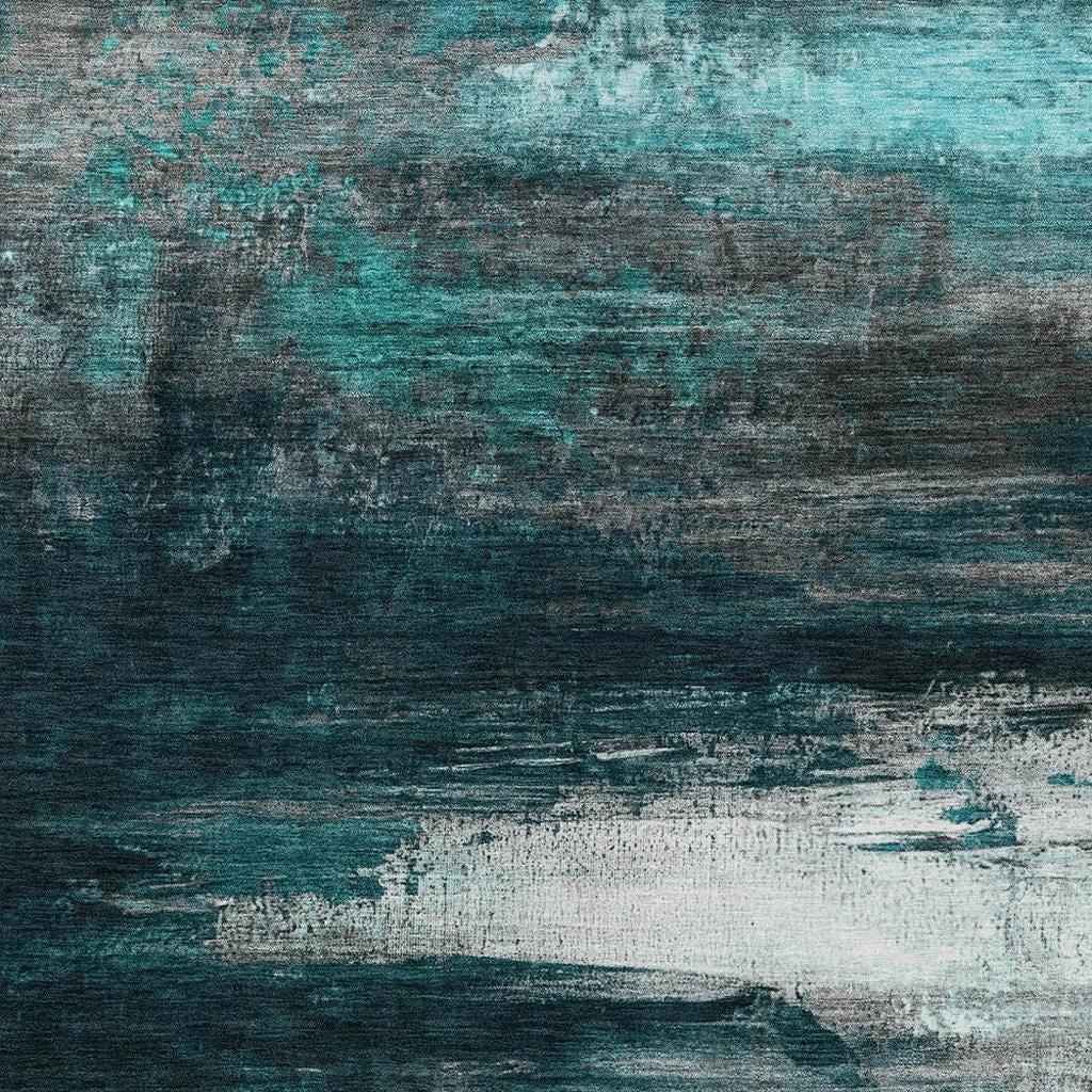 9' X 12' Teal Blue Aqua And Charcoal Abstract Washable Indoor Outdoor Area Rug