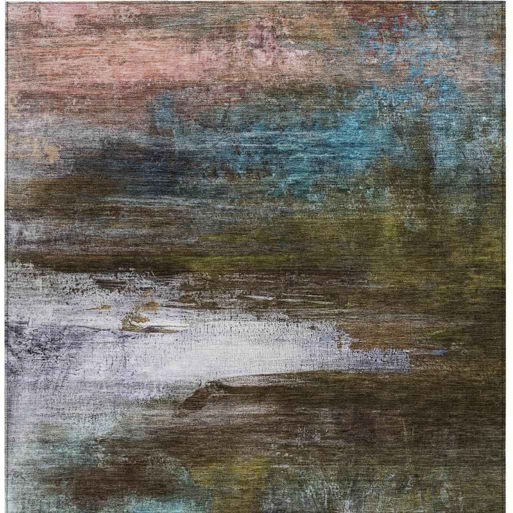 9' X 12' Brown Teal Blue And Blush Abstract Washable Indoor Outdoor Area Rug