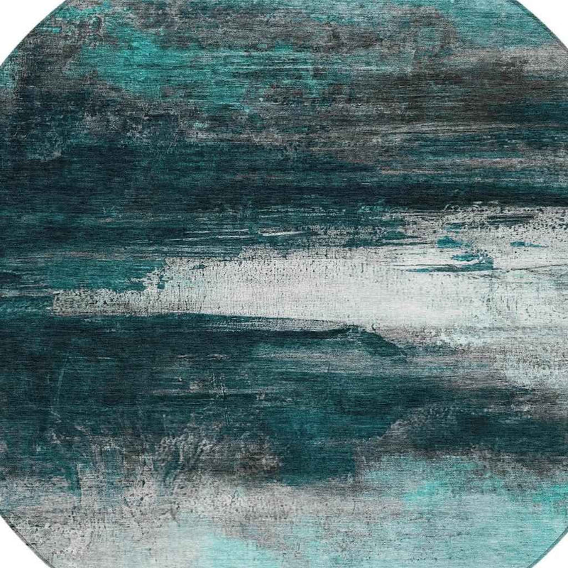 8' Teal Blue Aqua And Charcoal Round Abstract Washable Indoor Outdoor Area Rug