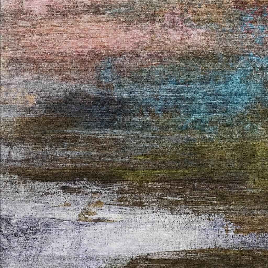 3' X 5' Brown Teal Blue And Blush Abstract Washable Indoor Outdoor Area Rug