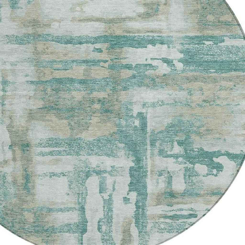 8' Teal Blue And Ivory Round Abstract Washable Indoor Outdoor Area Rug