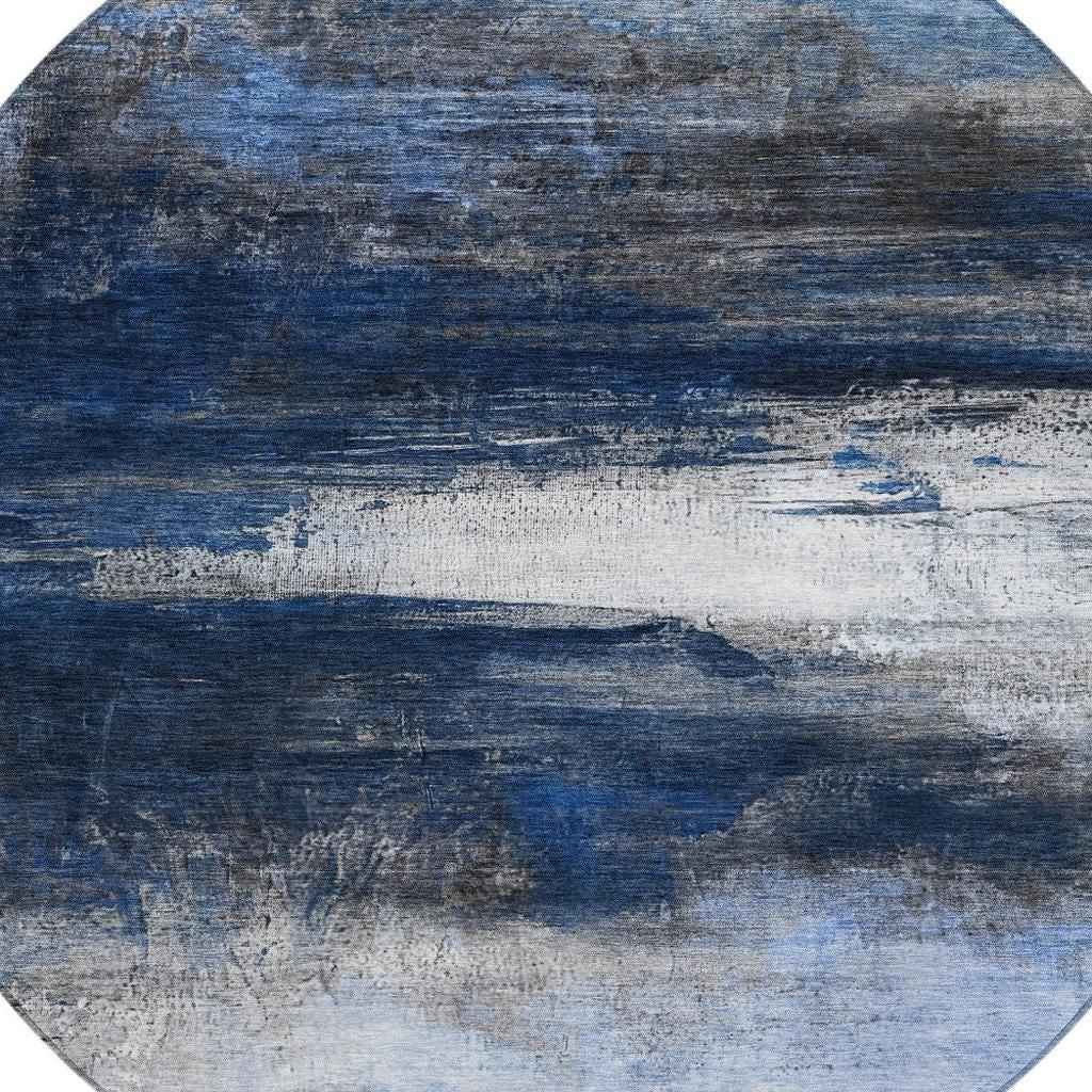 8' Navy Blue Charcoal And Ivory Round Abstract Washable Indoor Outdoor Area Rug