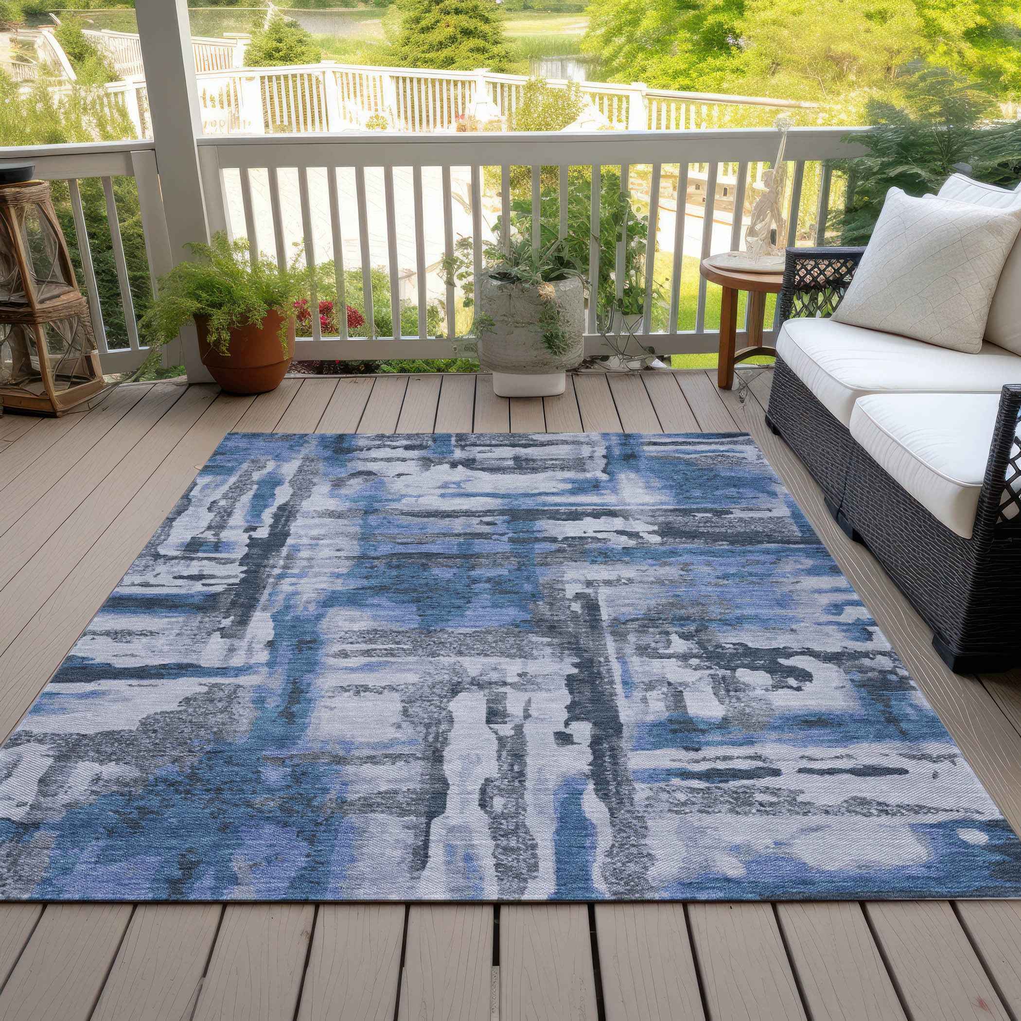 8' X 10' Blue And Gray Abstract Washable Indoor Outdoor Area Rug