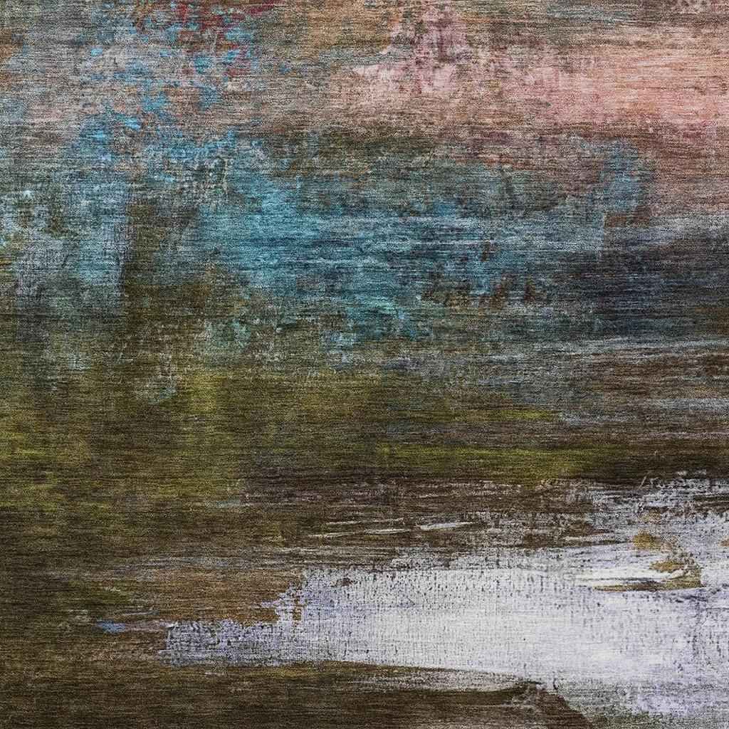 10' X 14' Brown Teal Blue And Blush Abstract Washable Indoor Outdoor Area Rug