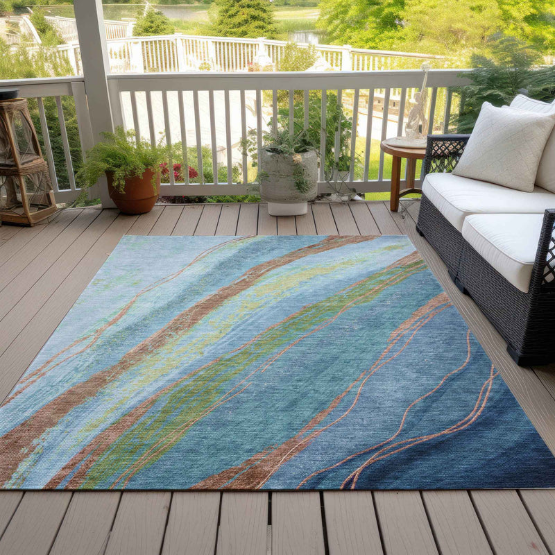5' X 8' Blue Copper And Green Abstract Washable Indoor Outdoor Area Rug