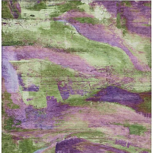 9' X 12' Purple Plum And Green Abstract Washable Indoor Outdoor Area Rug