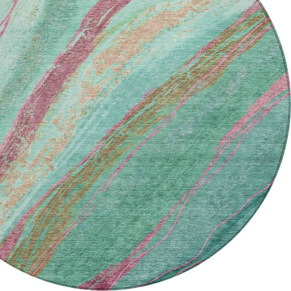 8' Green Blush And Peach Round Abstract Washable Indoor Outdoor Area Rug