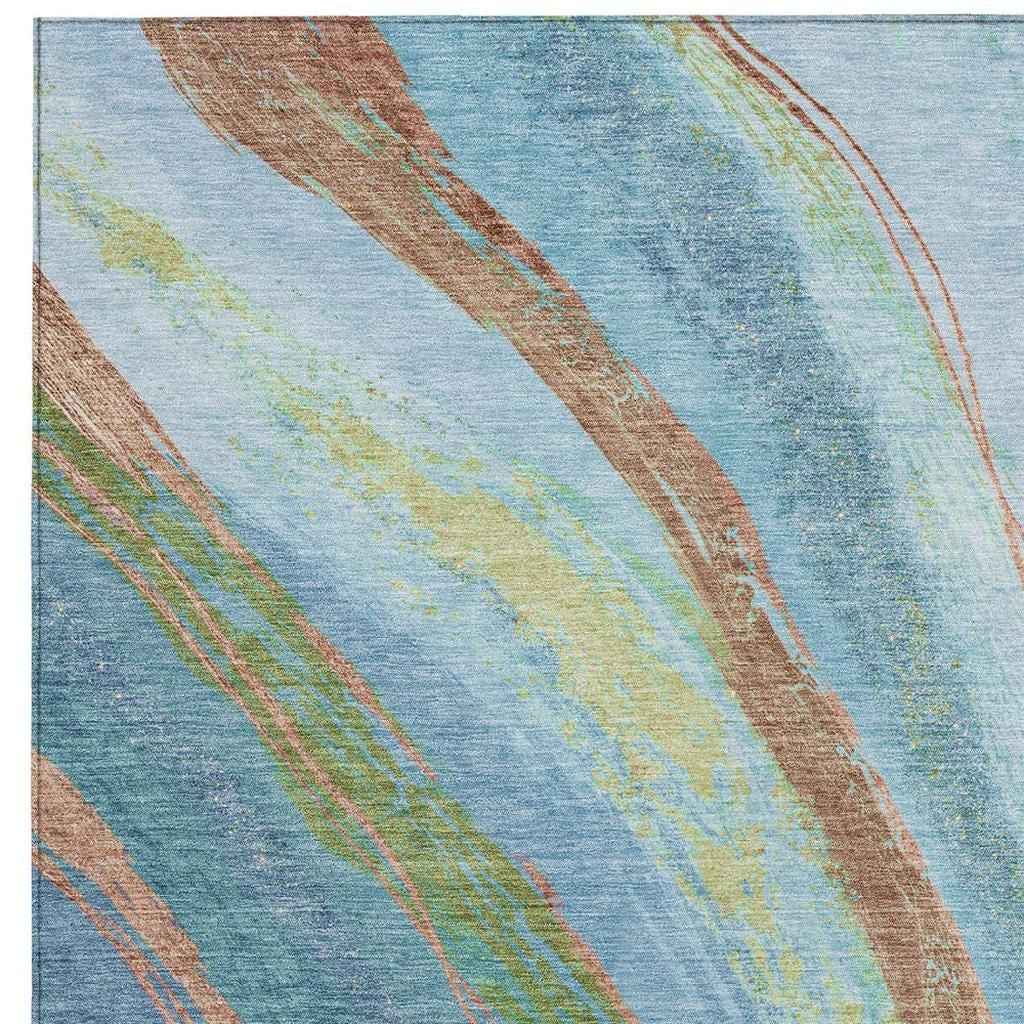 9' X 12' Blue Copper And Green Abstract Washable Indoor Outdoor Area Rug