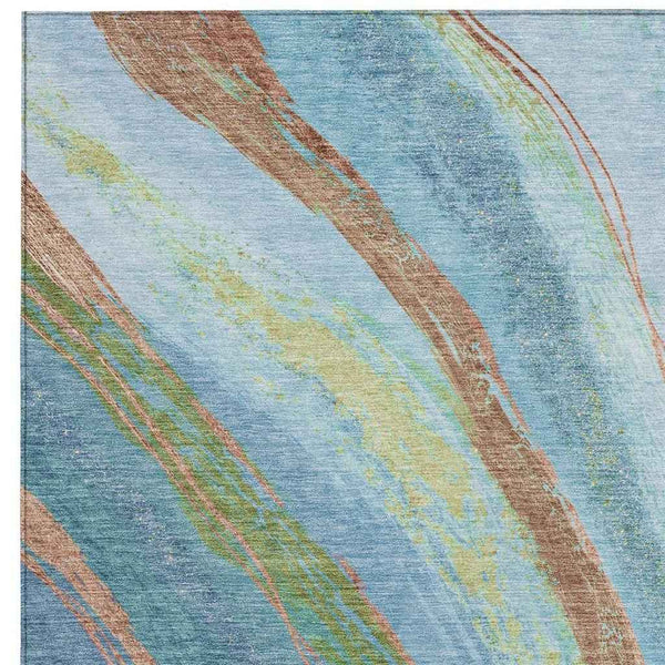 9' X 12' Blue Copper And Green Abstract Washable Indoor Outdoor Area Rug