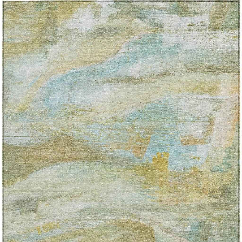 3' X 5' Beige Sky Blue And Ivory Abstract Washable Indoor Outdoor Area Rug