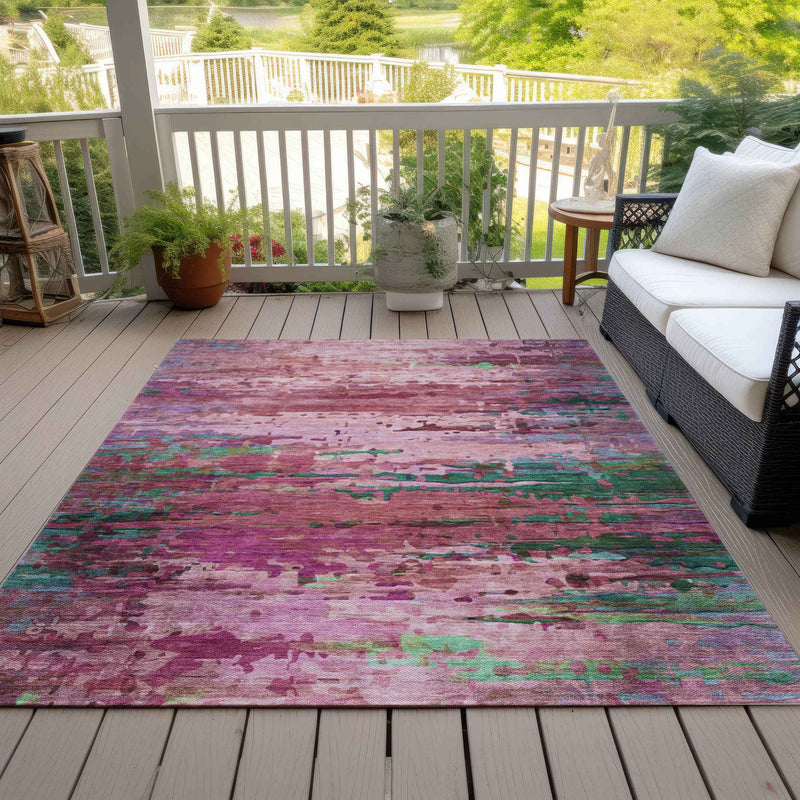 5' X 8' Pink Mauve And Green Abstract Washable Indoor Outdoor Area Rug