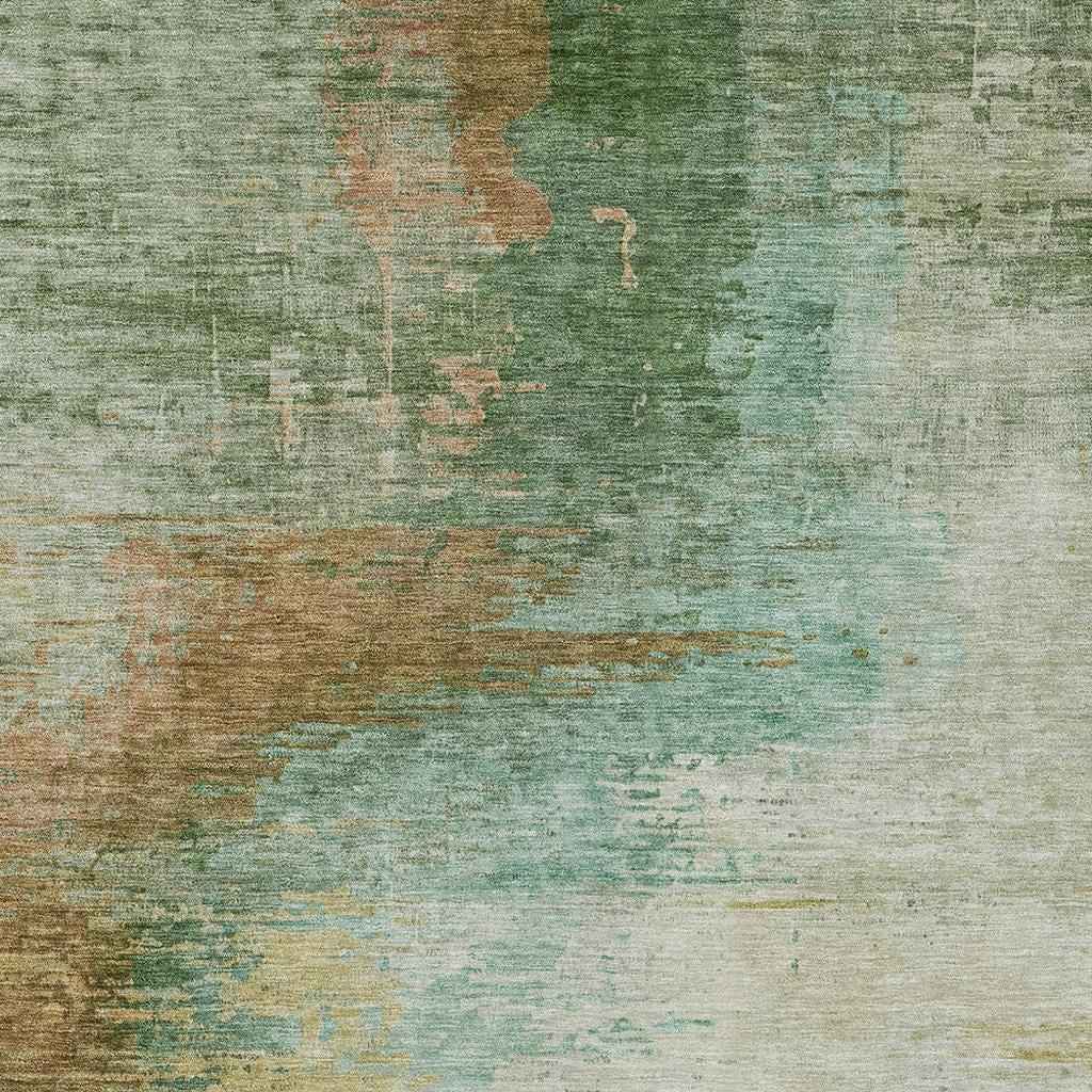 9' X 12' Artichoke Green Brown And Beige Abstract Washable Indoor Outdoor Area Rug