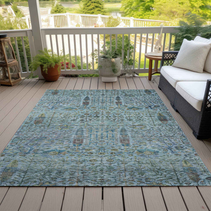 8' X 10' Teal Blue And Pale Aqua Floral Washable Indoor Outdoor Area Rug